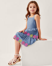 Chambray Broderie Tiered Dress, Blue (BLUE), large