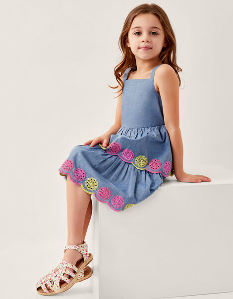 Chambray Broderie Tiered Dress, Blue (BLUE), large