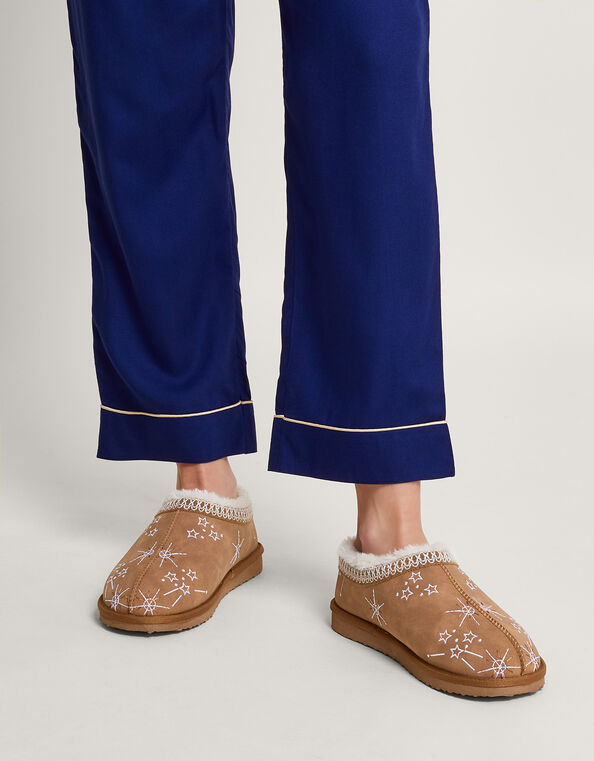 Embroidered Mule Slippers, Brown (BROWN), large