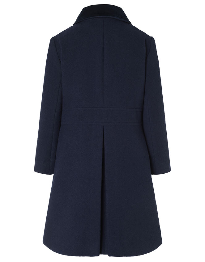 Velvet Trim Coat with Brooch, Blue (NAVY), large