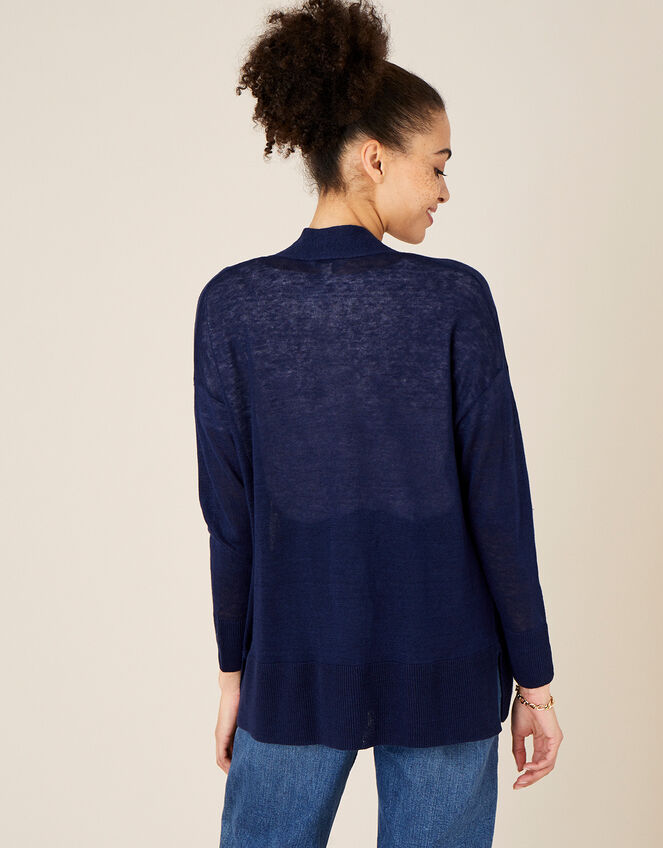 Lily Pocket Cardigan in Pure Linen, Blue (NAVY), large