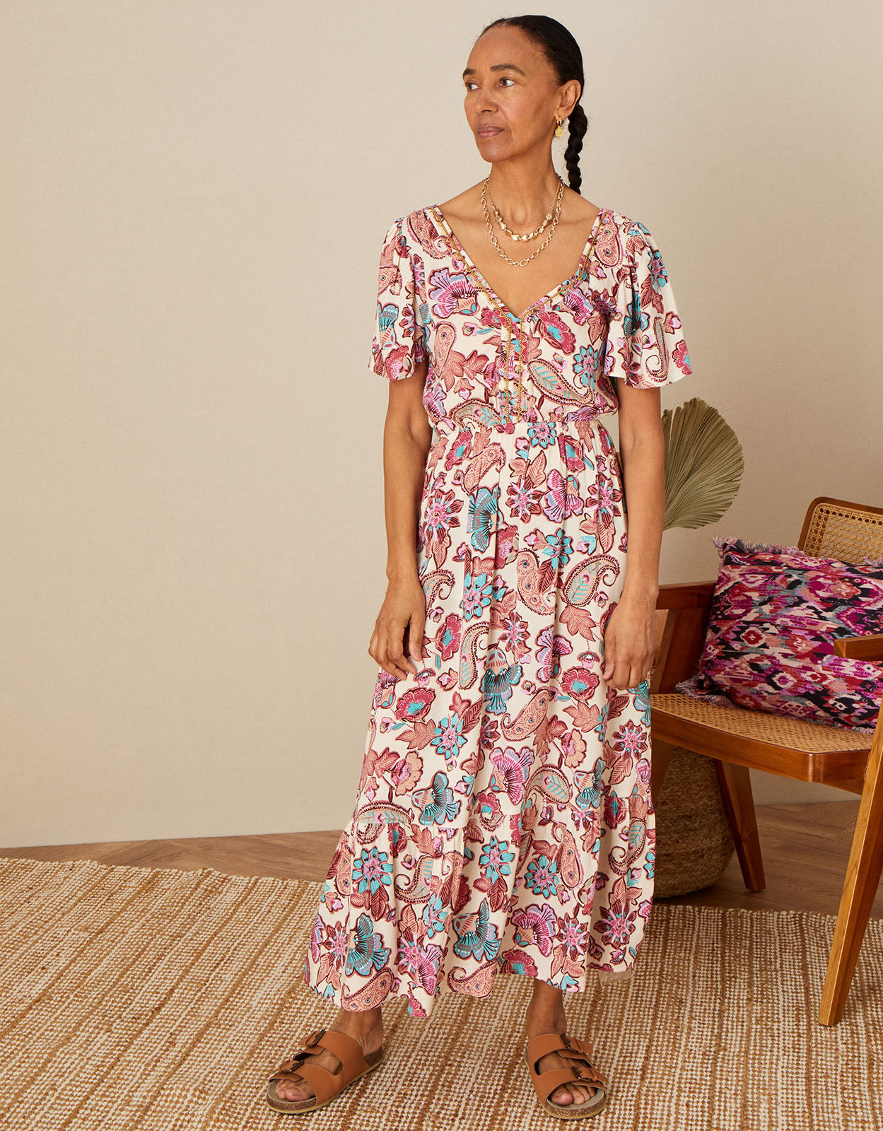 Floral Print V Neck Midi Dress Ivory