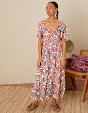 Floral Print V-Neck Midi Dress, Ivory (IVORY), large