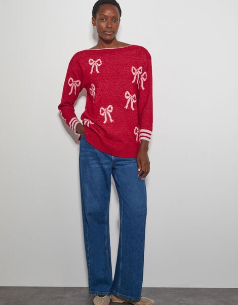 Mia Mini Bow Knit Jumper, Red (RED), large