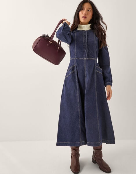 Vivian Button Denim Midi Dress, Blue (INDIGO), large