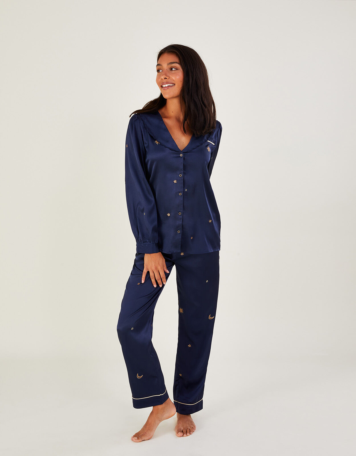 Embroidered Satin Pyjama Set Blue Pyjamas Monsoon US