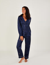 Embroidered Satin Pyjama Set, Blue (NAVY), large