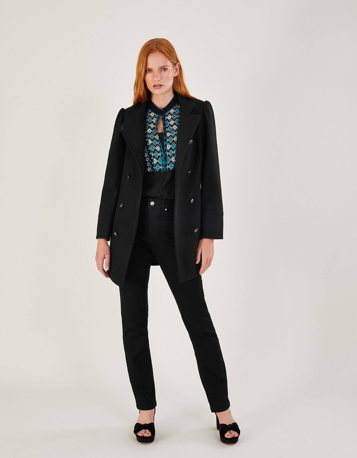 Diana Military Wool Pea Coat with Recycled Polyester Black