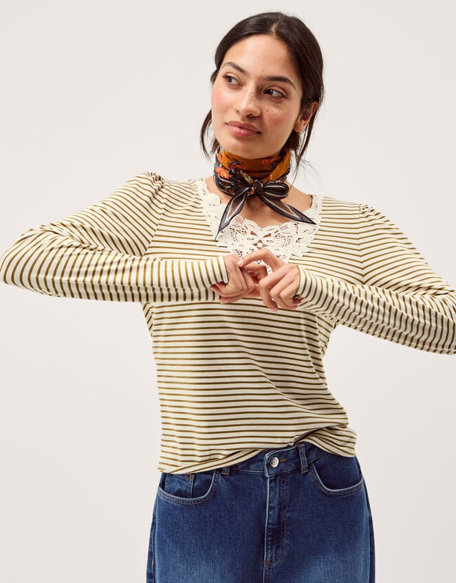 Lauren Lace Stripe Jersey Top, Ivory (IVORY), large