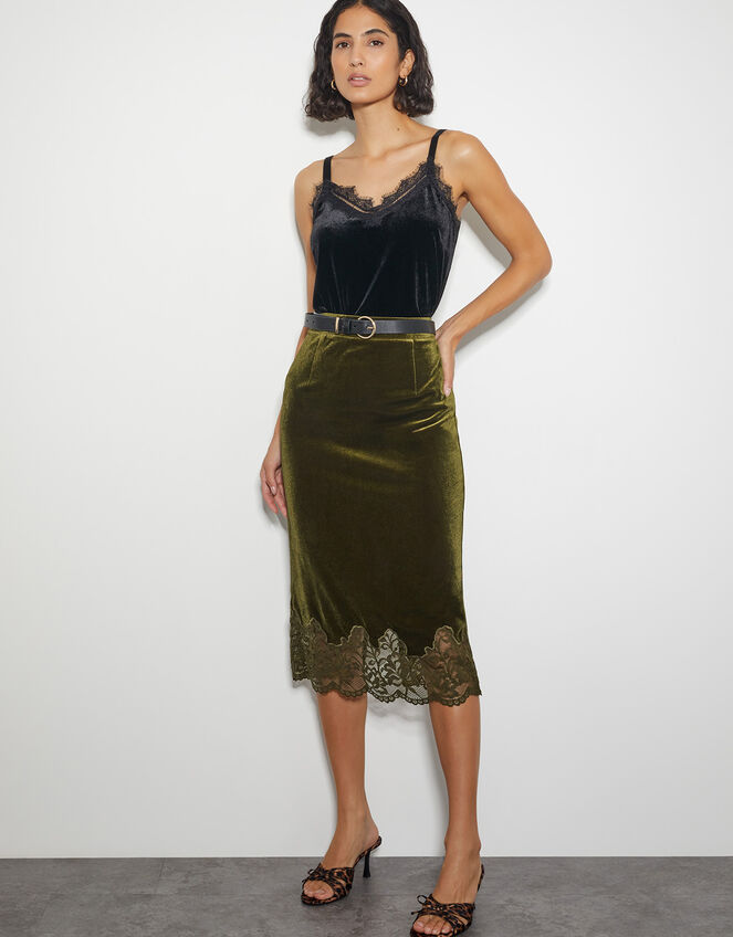 Andi Velvet Lace Pencil Skirt, Green (OLIVE), large