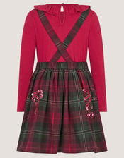 Frill Top & Tartan Pinafore Dress Set, Red (BURGUNDY), large