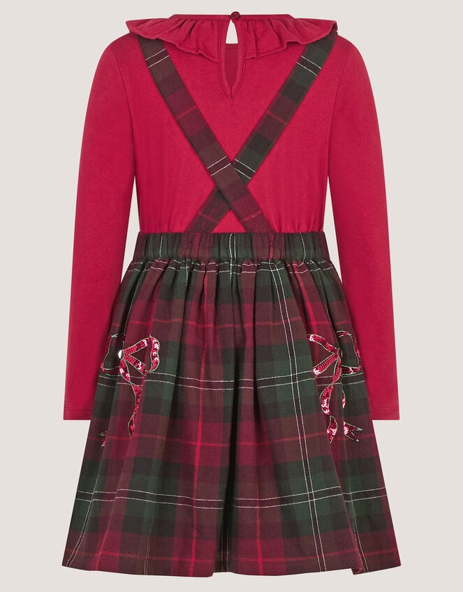 Frill Top & Tartan Pinafore Dress Set, Red (BURGUNDY), large