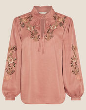 Embroidered Oriental Floral Long Back Top, Orange (CORAL), large