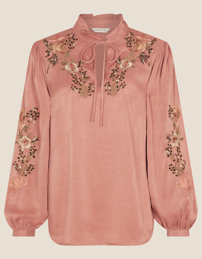 Embroidered Oriental Floral Long Back Top, Orange (CORAL), large