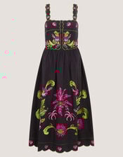 Eleni Floral Embroidered Midi Dress, Black (BLACK), large