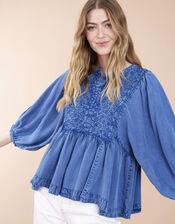 East Cinzia Tiered Denim Top, Blue (DENIM BLUE), large