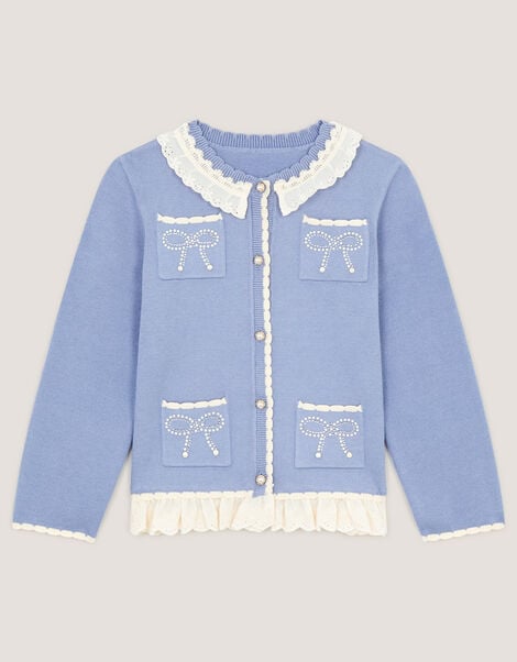 Pearl Bow Lace Trim Cardigan, Blue (BLUE), large