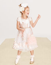 Vanda Organza Jacquard Dress with Glitter Belt, Orange (PEACH), large