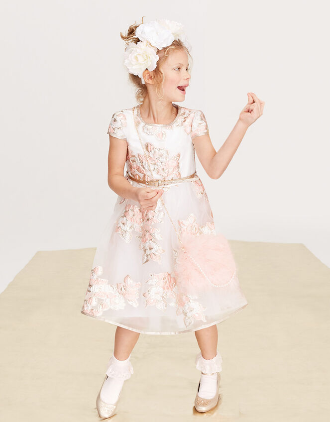 Vanda Organza Jacquard Dress with Glitter Belt, Orange (PEACH), large