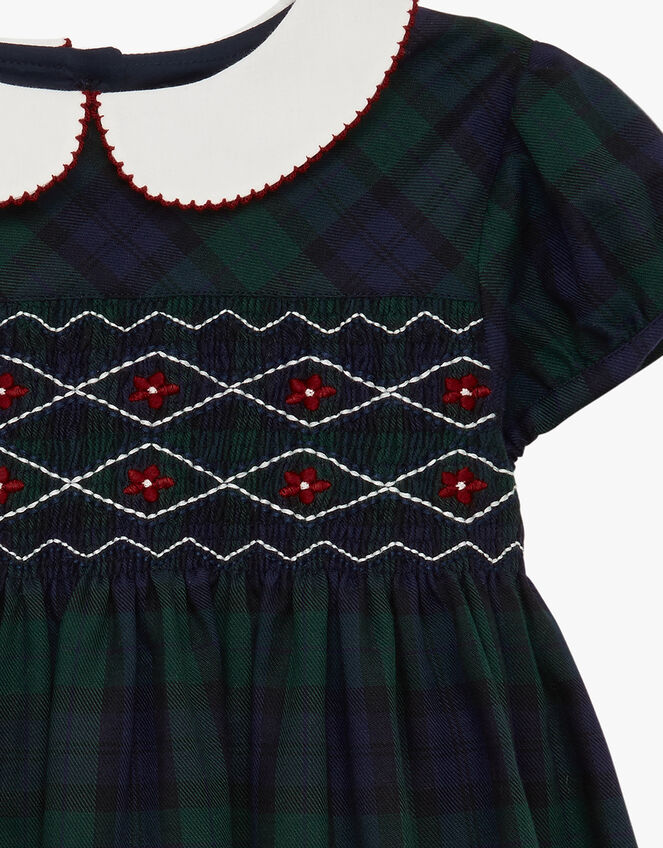 Trotters Tartan Charlotte Short Sleeve Smocked Dress, Blue (NAVY), large