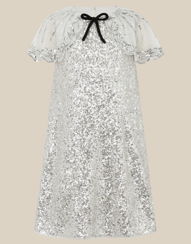 Monsoon x Queens of Archive Cape Sleeve Sequin Party Dress, Silver (SILVER), large