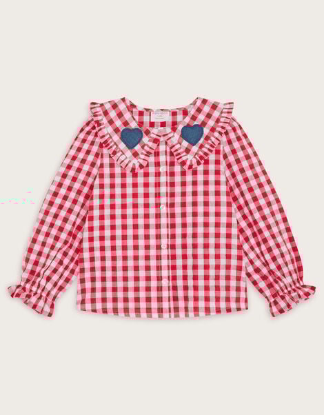 Heart Collar Gingham Blouse, Red (RED), large