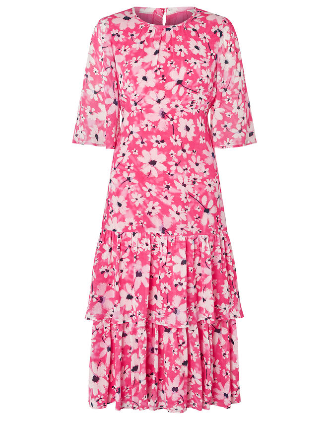 Daisy Print Tiered Midi Dress, Pink (PINK), large