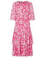 Daisy Print Tiered Midi Dress, Pink (PINK), large