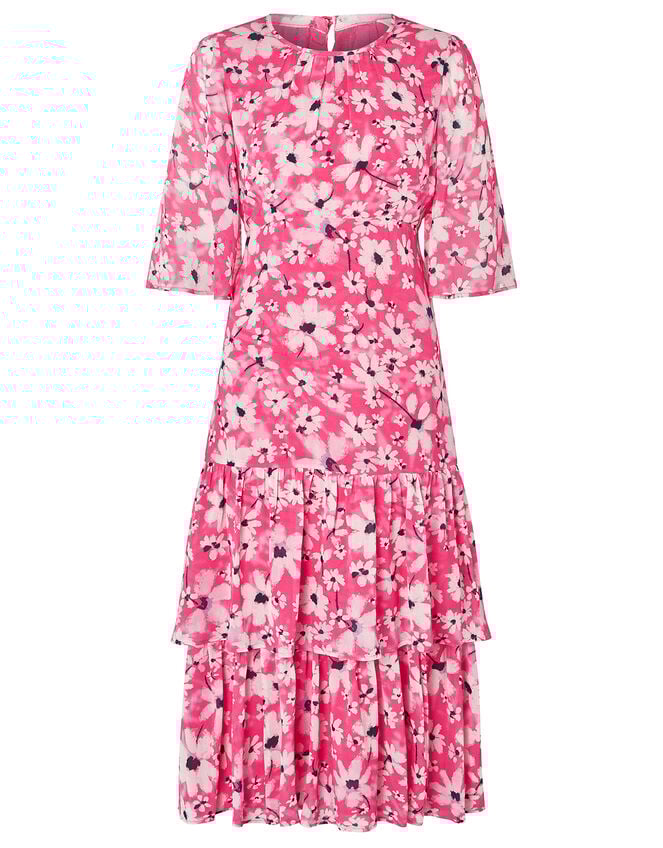 Daisy Print Tiered Midi Dress, Pink (PINK), large