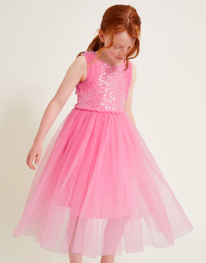 Priscilla Sequin Ruffle Dress, Pink (BRIGHT PINK), large
