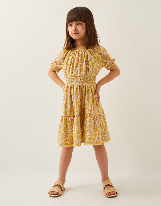 Floral Puff Sleeve Jersey Dress, Yellow (YELLOW), large