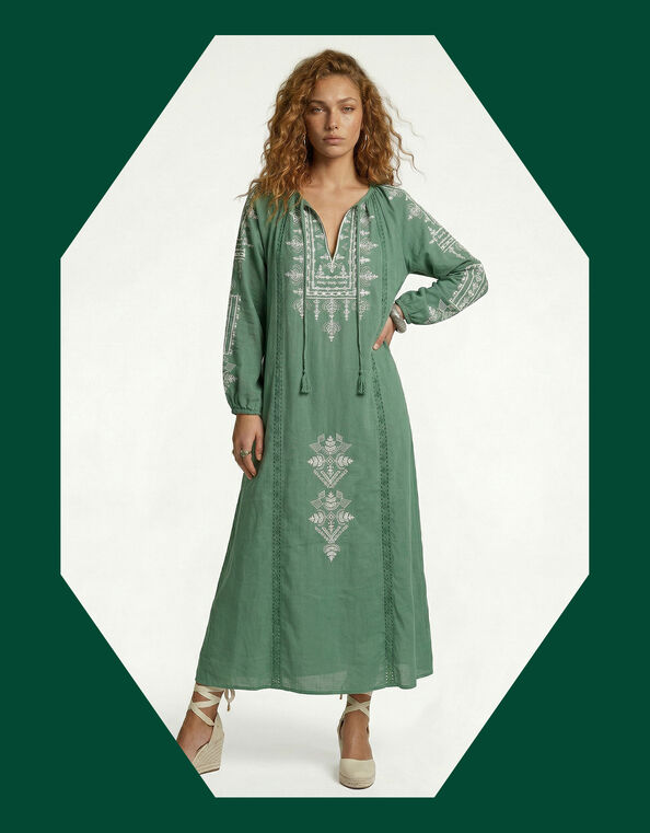 Raffya Aurelia Embroidered Maxi Kaftan Dress, Green (GREEN), large