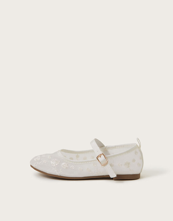 Floral Embroidered Mesh Ballet Flats, Ivory (IVORY), large