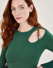 Beaded Cut-Out Detail Jersey Top, Green (KHAKI), large