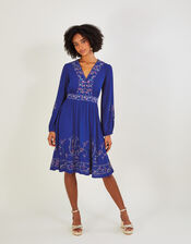 Tara Embroidered Short Dress in Sustainable Viscose, Blue (COBALT), large