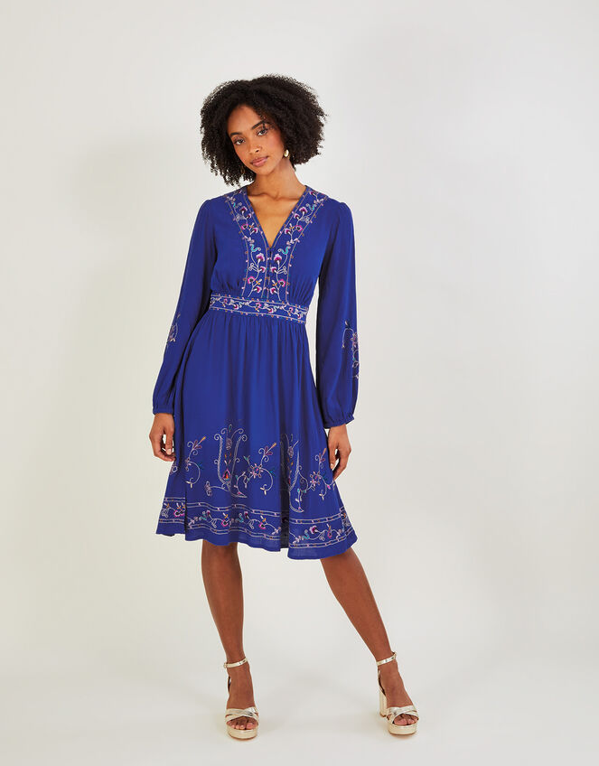Tara Embroidered Short Dress in Sustainable Viscose, Blue (COBALT), large