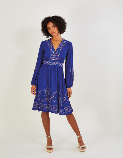 Tara Embroidered Short Dress in Sustainable Viscose Blue, Blue (COBALT), large