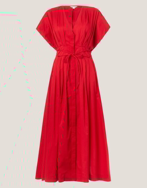 Riviera Pleated Tie Waist Midi Dress, Red (RED), large
