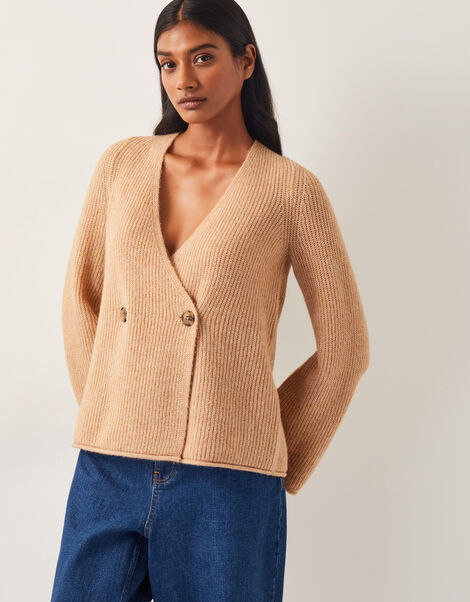 Sula V-Neck Double Breasted Cardigan, Camel (CAMEL), large