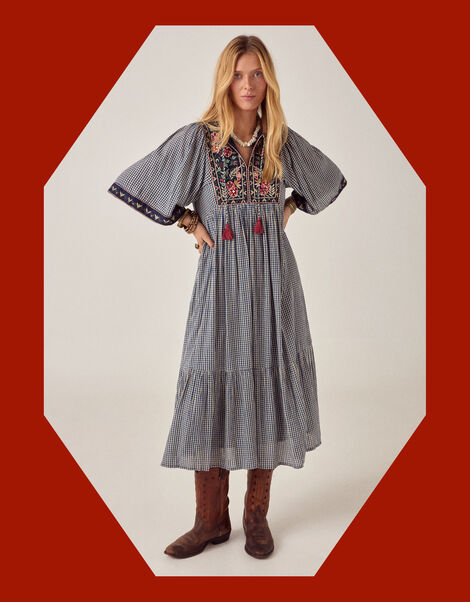 Maison Hotel Augusta Gingham Midi Dress, Blue (BLUE), large