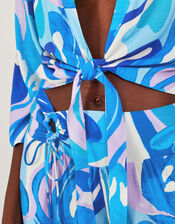 Tie Front Swirl Print Crop Top, Blue (BLUE), large