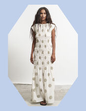 Par & Escala Bee Smocked Sun Print Maxi Dress, White (WHITE), large