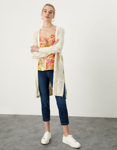 Crochet Stitch Longline Cardigan, Ivory (IVORY), large