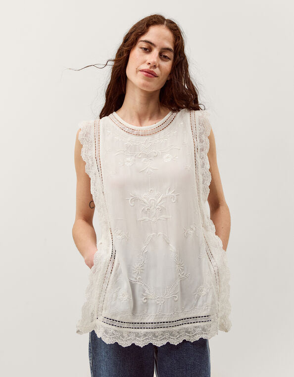 Taylor Sleeveless Embroidered Lace Top, White (WHITE), large