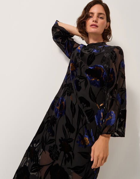 Giselle Sheer Floral Devoré Midi Dress, Blue (MIDNIGHT), large