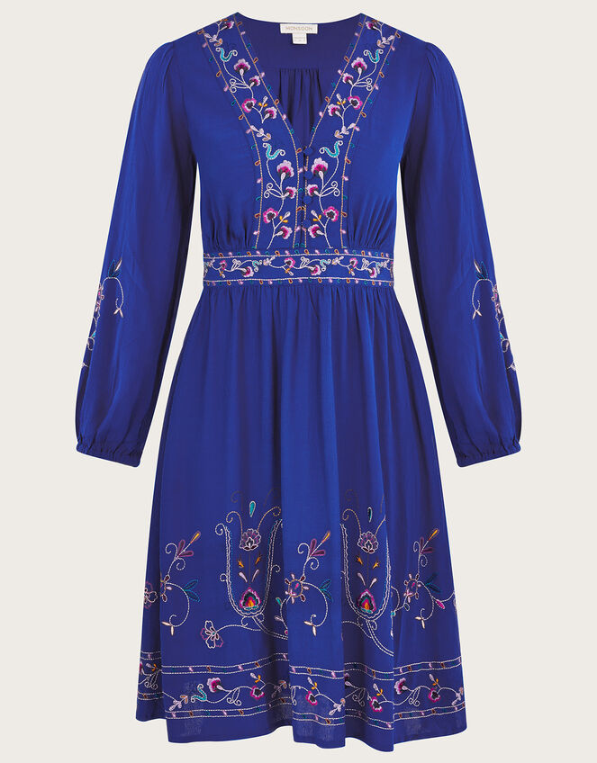 Tara Embroidered Short Dress in Sustainable Viscose, Blue (COBALT), large