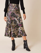 Paisley Print Satin Midi Skirt, Black (BLACK), large