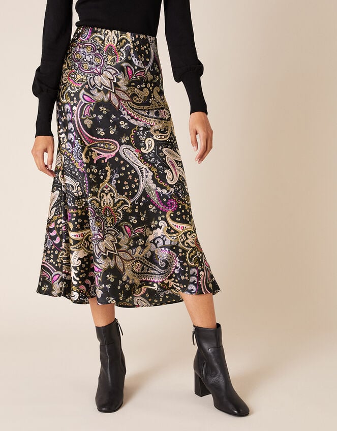 Paisley Print Satin Midi Skirt, Black (BLACK), large