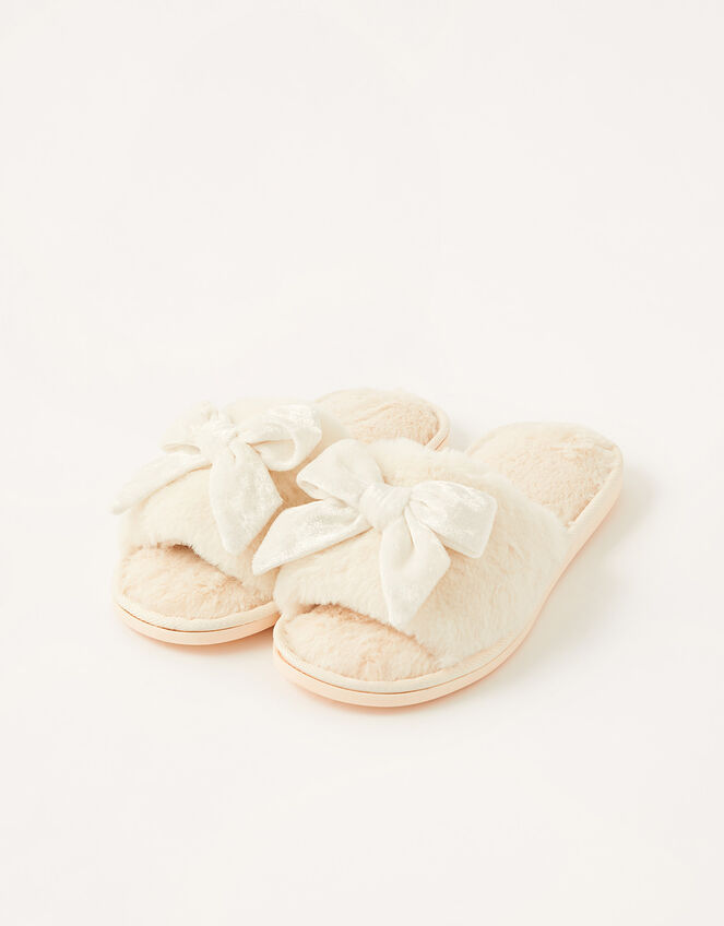 Velvet Bow Faux Fur Slippers, Ivory (IVORY), large