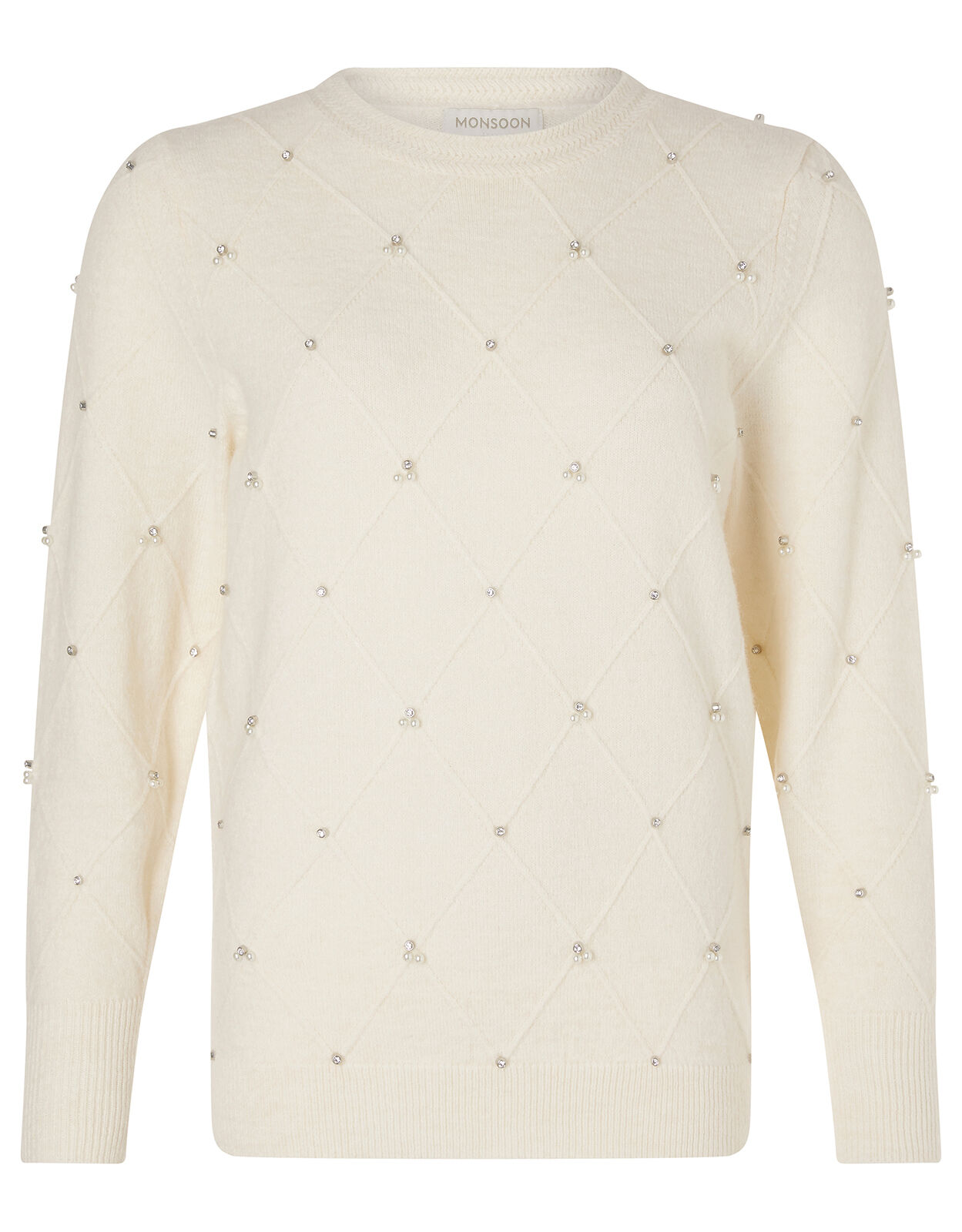 Embellished Diamond Stitch Knit Jumper Ivory Jumpers Monsoon Global